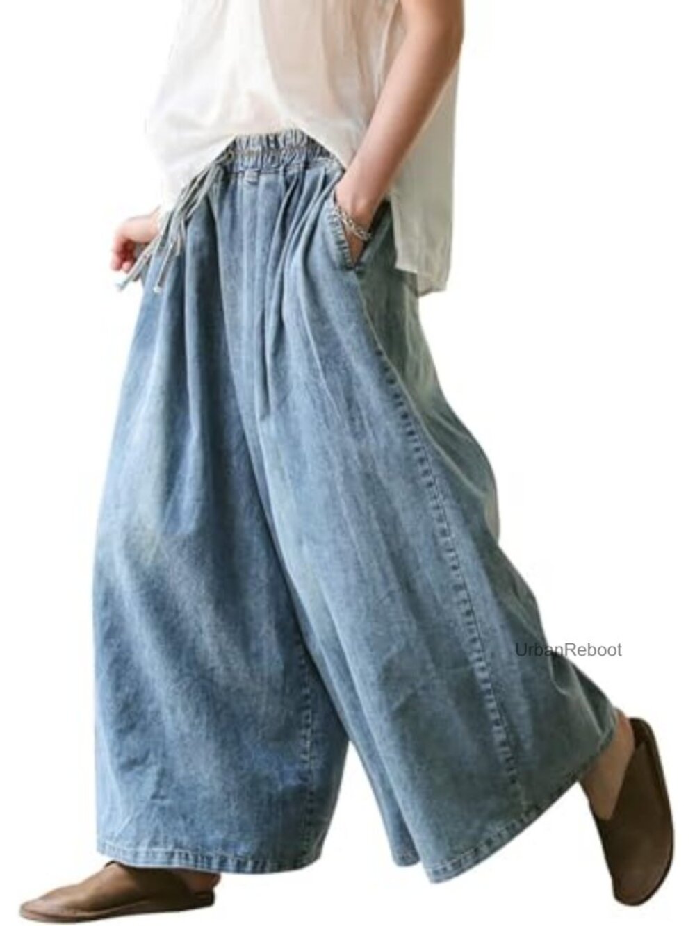 Wide Leg Baggy Jeans Plus Size Elastic Waist Denim Pants Deep Pockets